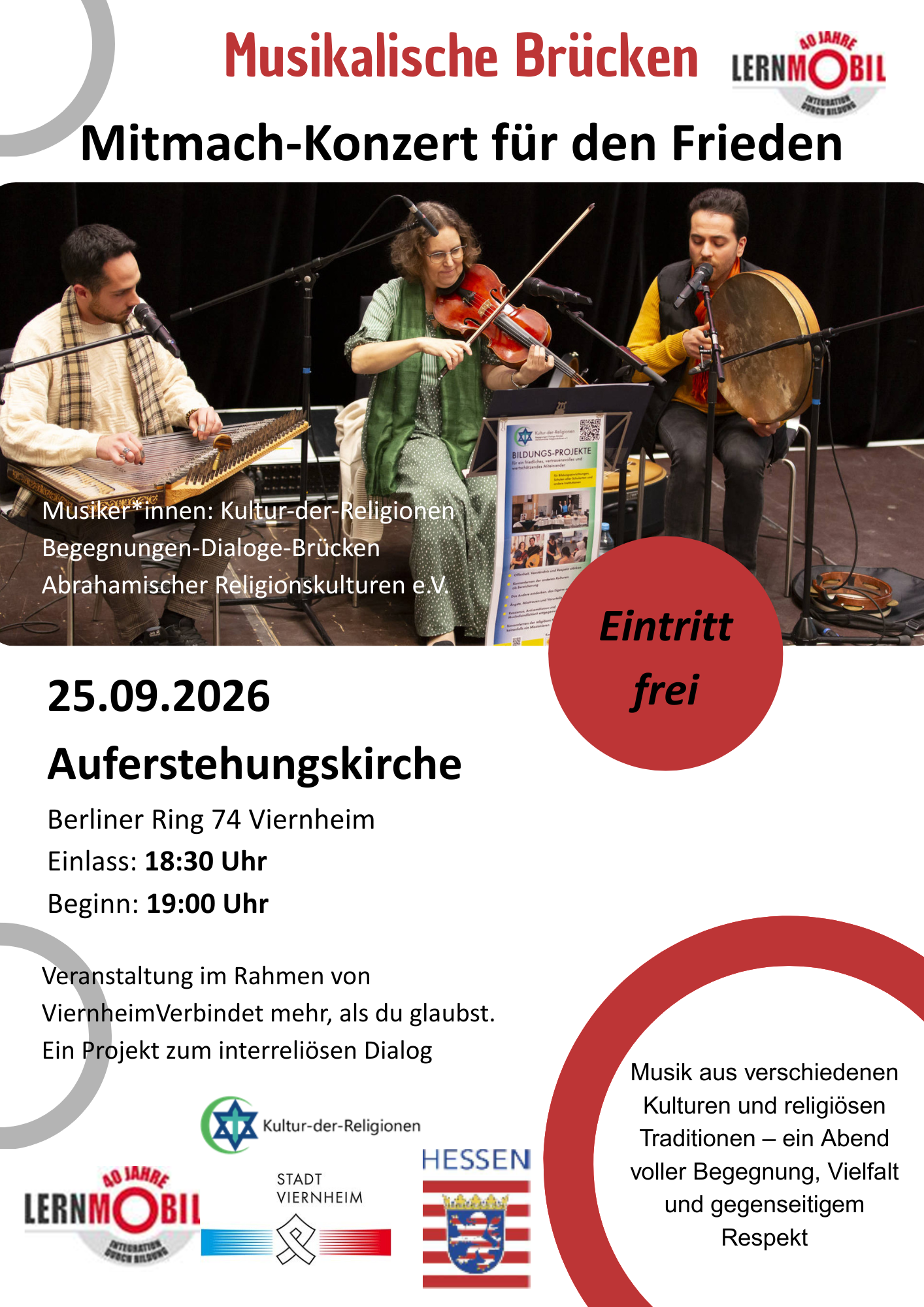 Plakat zum Mitmach-Konzert für den Frieden – Musikalische Brücken am 25. September 2026 in der Auferstehungskirche Viernheim